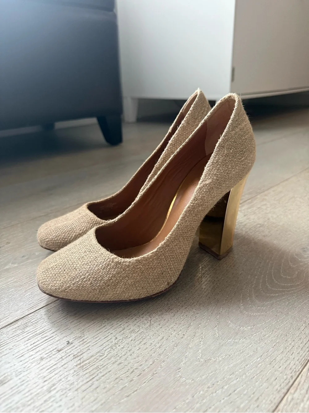 Tory Burch Natural Beige Textured Block Heel Pumps